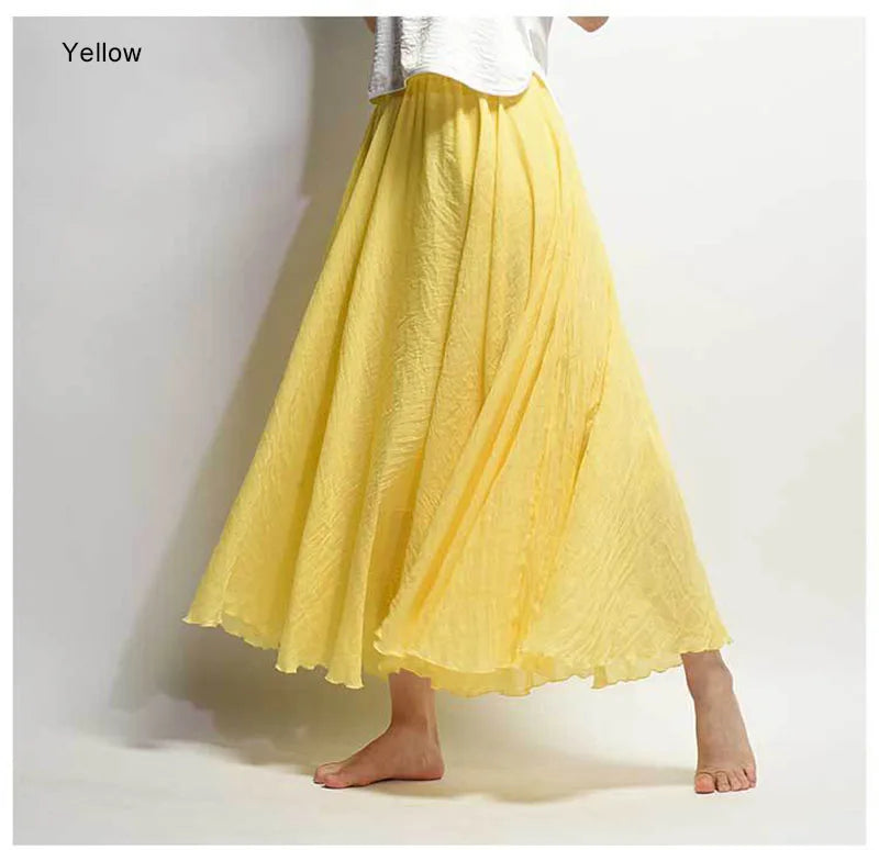 Women's Elegant High Waist Linen Maxi Skirt 2023 Summer Ladies Casual Elastic Waist 2 Layers Skirts saia feminina 20 Colors SK53