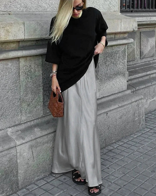 Elegant Satin Gray High Waist Skirts Autumn Ankle-Length Trumpet Skirts