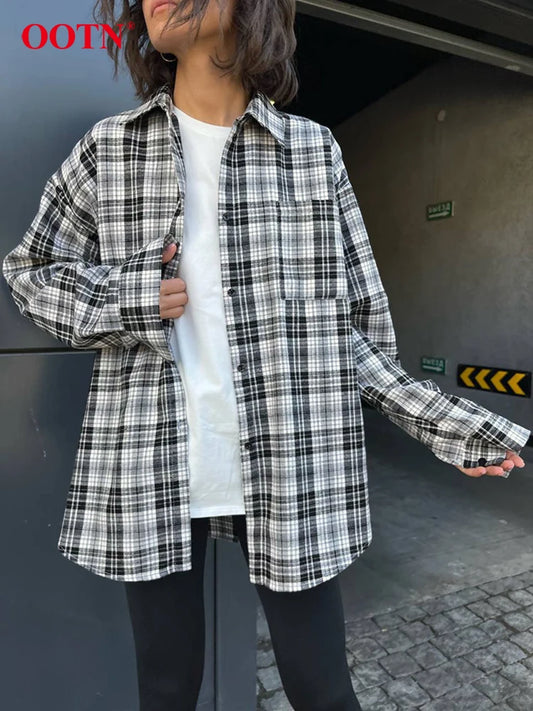 OOTN Streetwear Loose Plaid Long Shirts 2024 Office Pocket Check Blouse Women Spring Fashion Casual Turn Down Collar Tops Female