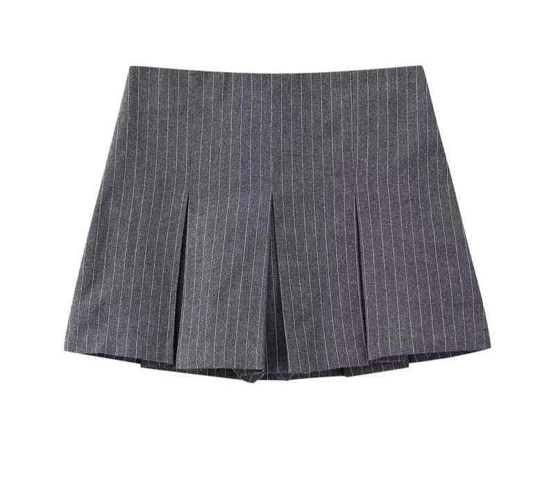 Grey Wide Pleated Mini Shorts Skirts High Street Stripe American Retro Solid Vintage Blogger