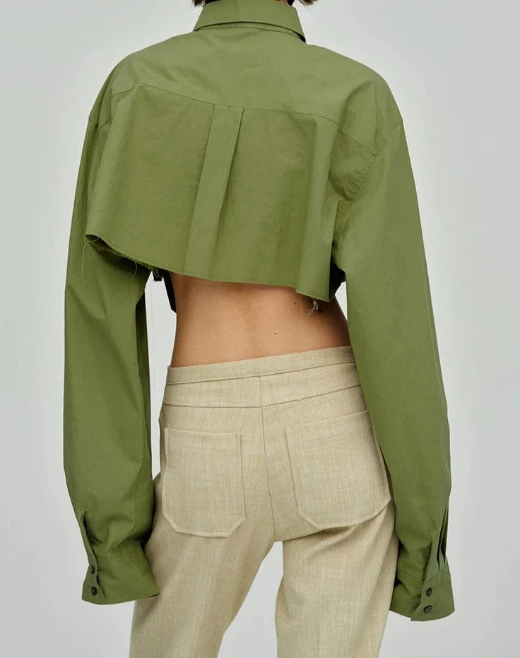 Green Crop Top Woman Blouse Spring