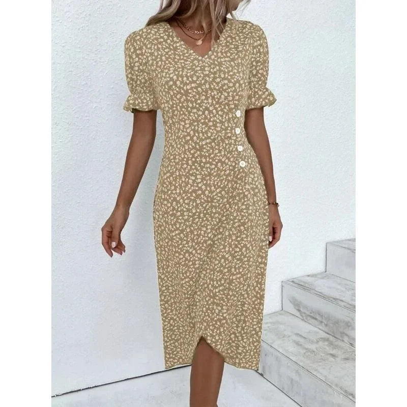 Elegant Floral Pleated H shaped Midi Dress Female V Neck Puff Sleeve