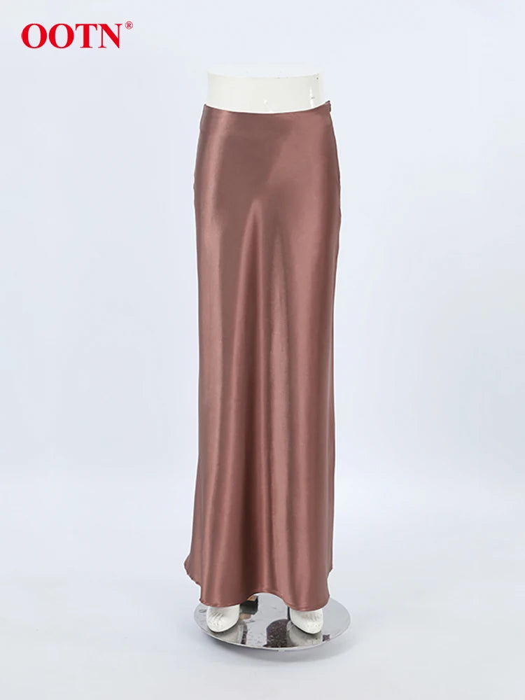 Brown Satin A Line Skirts Women Office Lady Silk Long Skirt Fashion Casual Ankle-Length