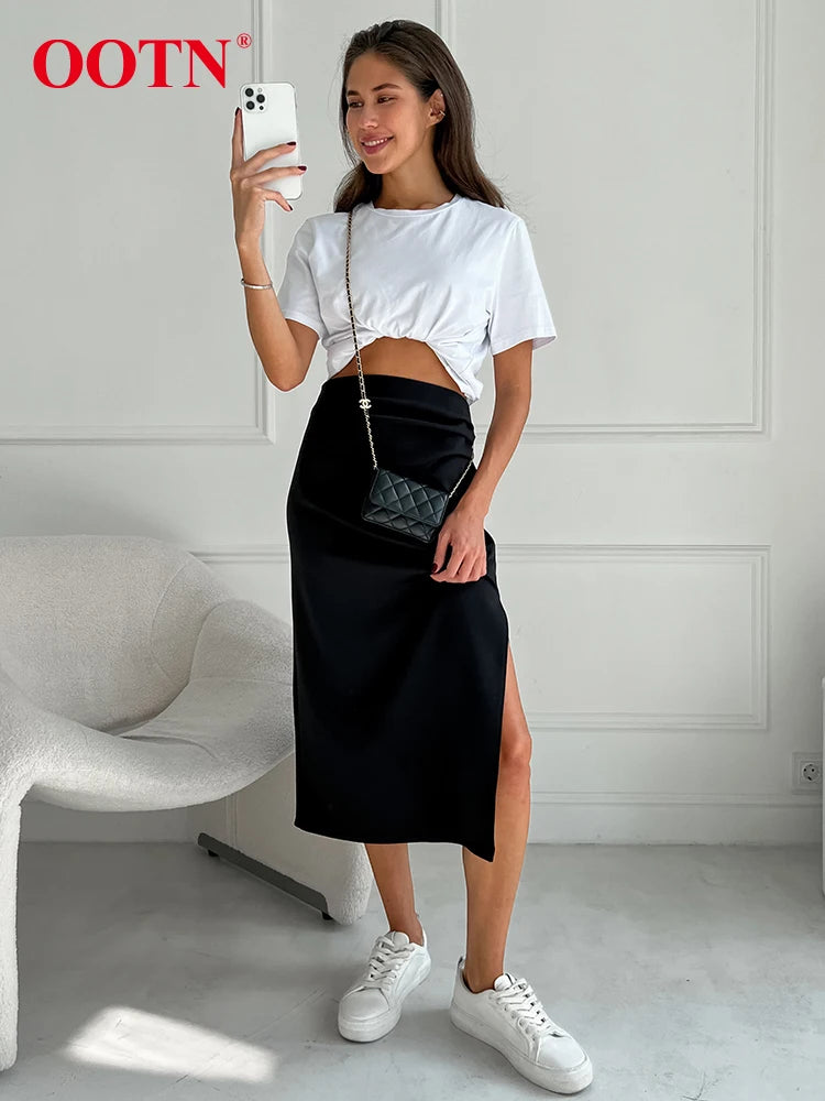 OOTN Sexy High Waist Split Skirts Street Pink Long Straight Skirts Women Basics Black Ruched Zipper Skirt Female 2024 Autumn