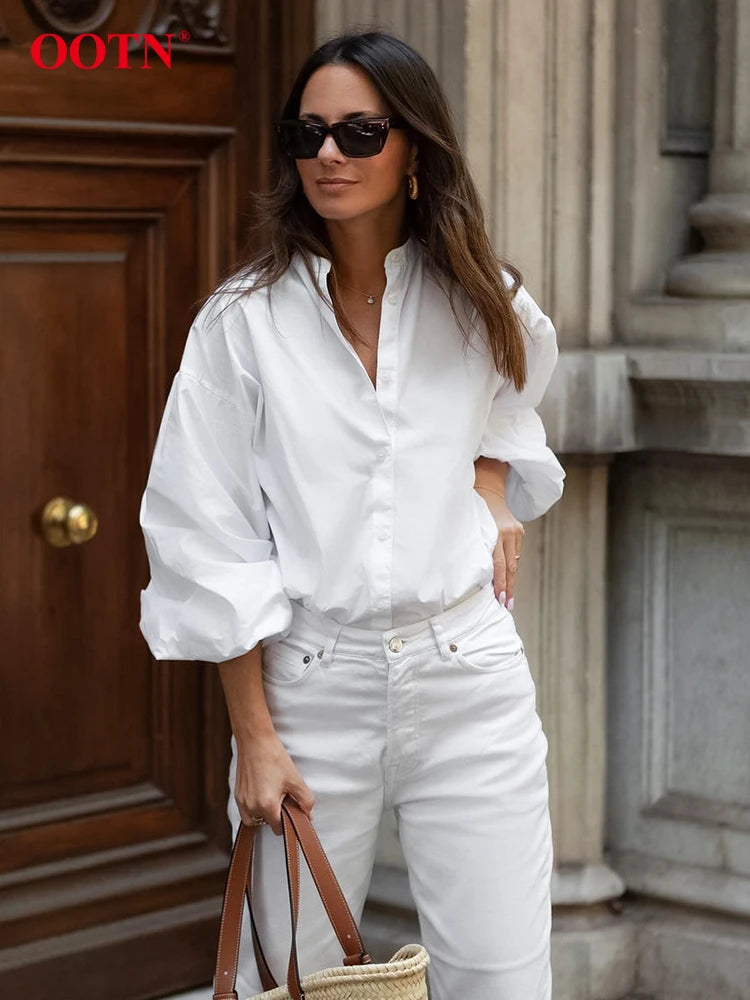 OOTN Street White Lantern Sleeve Blouse Office Cotton Stand Collar Shirts Female Fashion Casual Long Sleeve Button Up Tops 2024