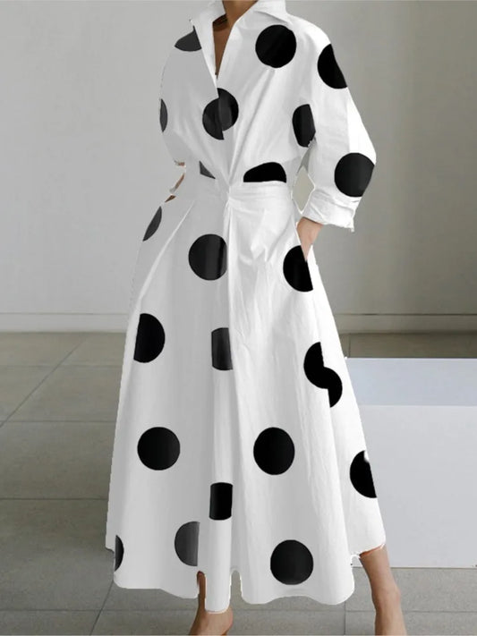 Autumn Dress Long Sleeve Dot Print Elegant Maxi Dresses