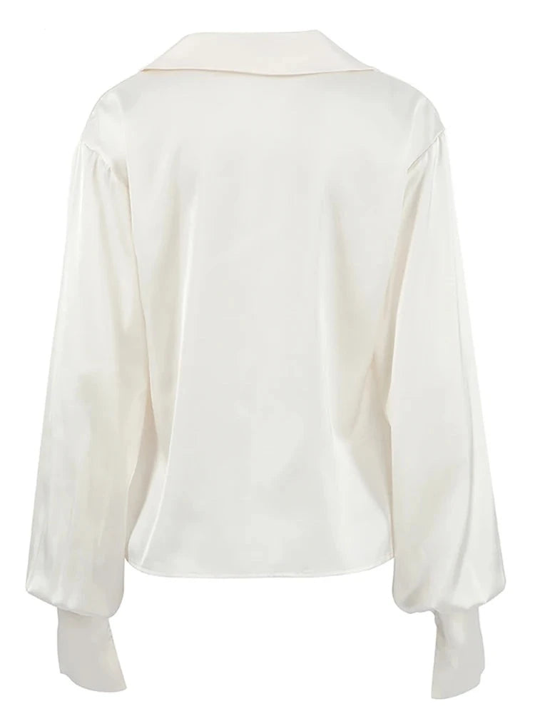 White Pile Collar Shirts Female Office Satin Lantern Sleeve Woman Blouse Fall Street 100% Polyester