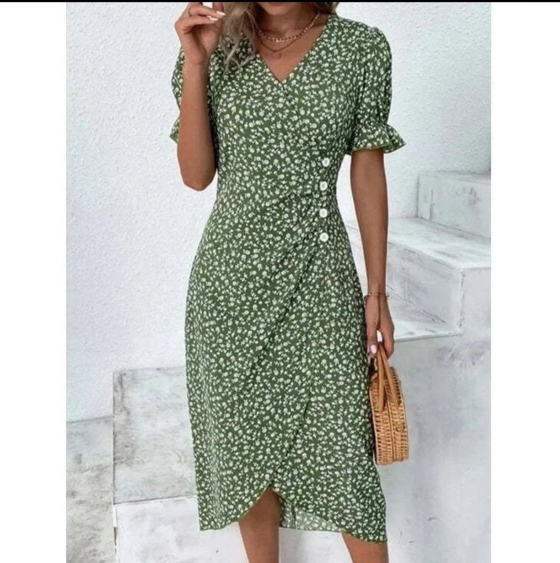 Elegant Floral Pleated H shaped Midi Dress Female V Neck Puff Sleeve