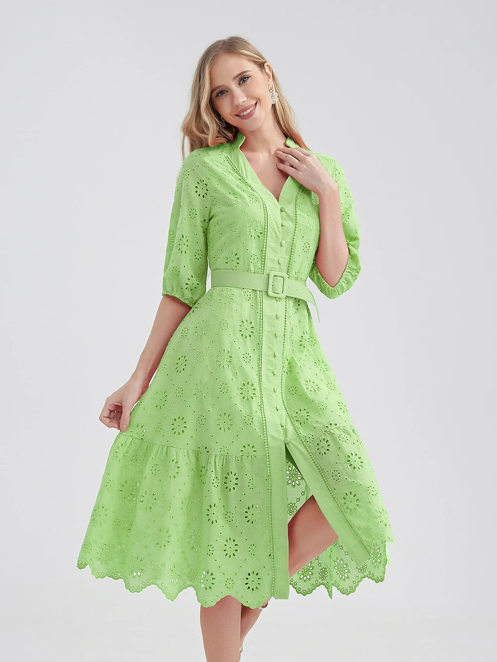 Cotton Hollow Out Summer Dress Women Holiday Perppy Casual High Waist Ruffled Mini V-Neck Dresses A-line Frills Vestido