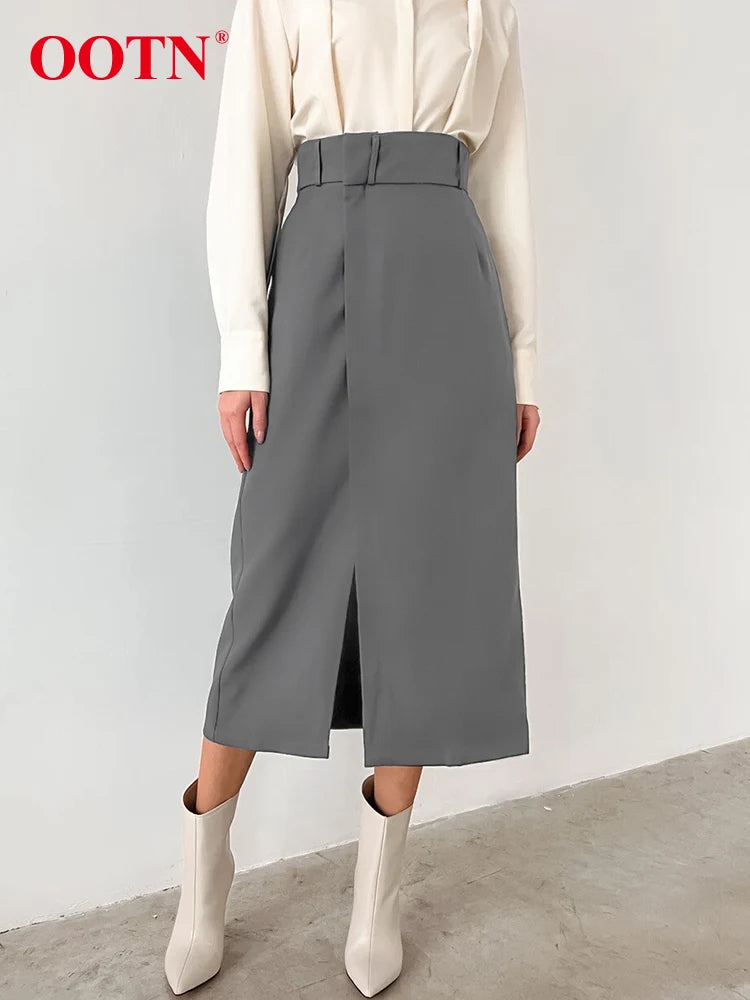 OOTN Street Gray Split Midi Skirts Women 2024 Fashion Casual Black High Waist Skirt Spring Elegant Long Straight Skirts Female