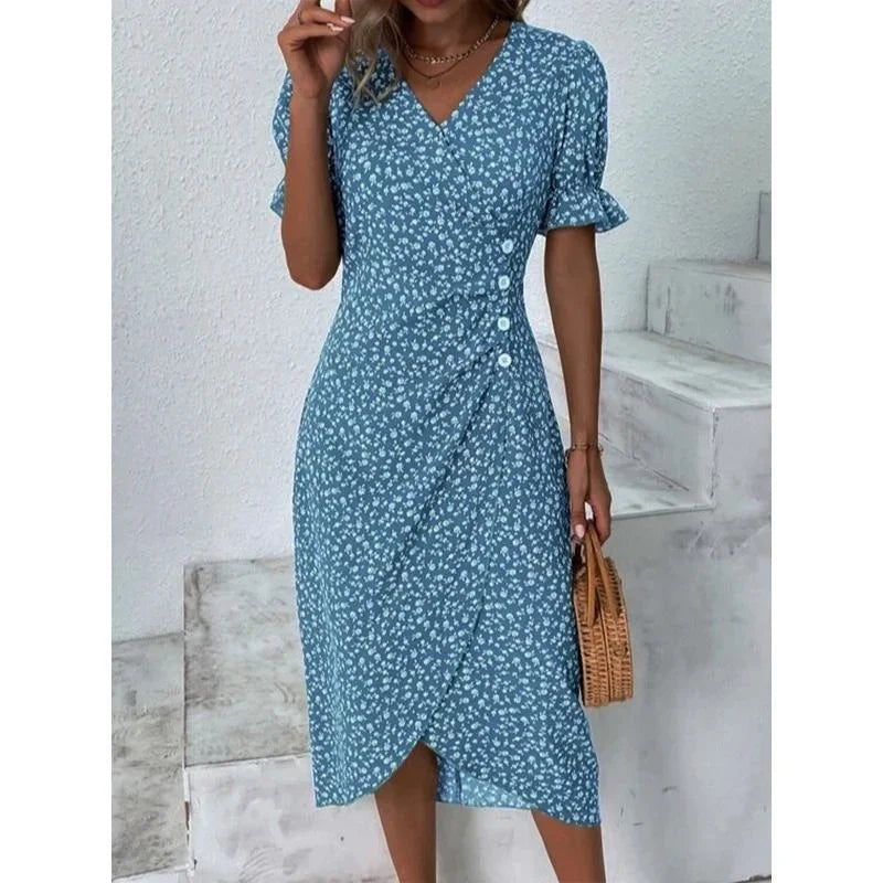 Elegant Floral Pleated H shaped Midi Dress Female V Neck Puff Sleeve