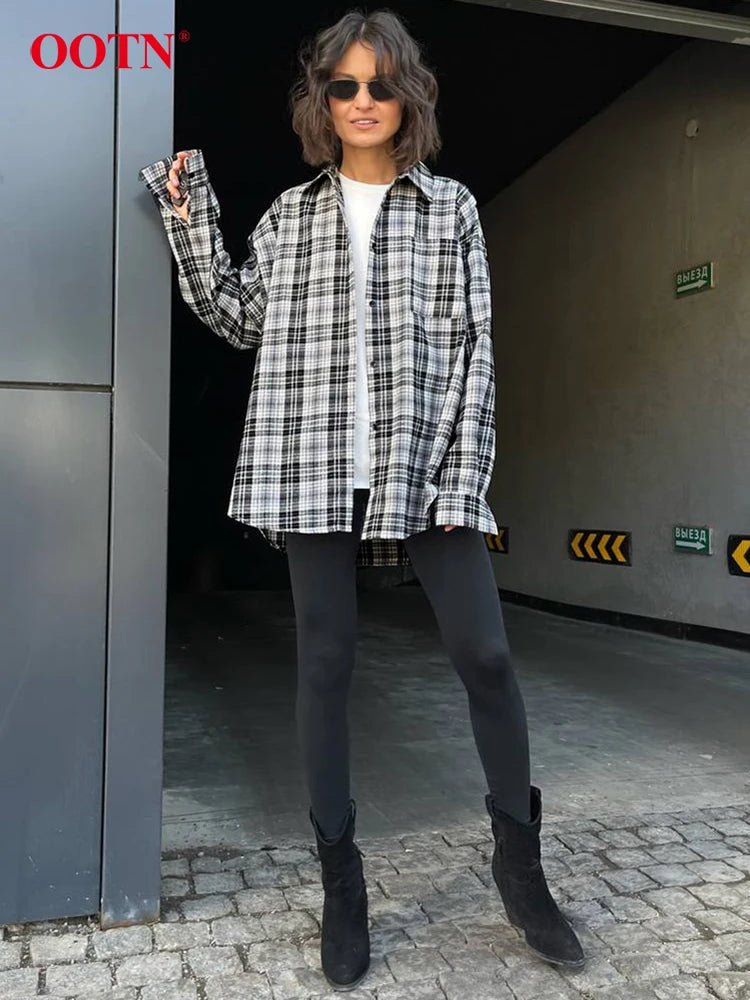 OOTN Streetwear Loose Plaid Long Shirts 2024 Office Pocket Check Blouse Women Spring Fashion Casual Turn Down Collar Tops Female