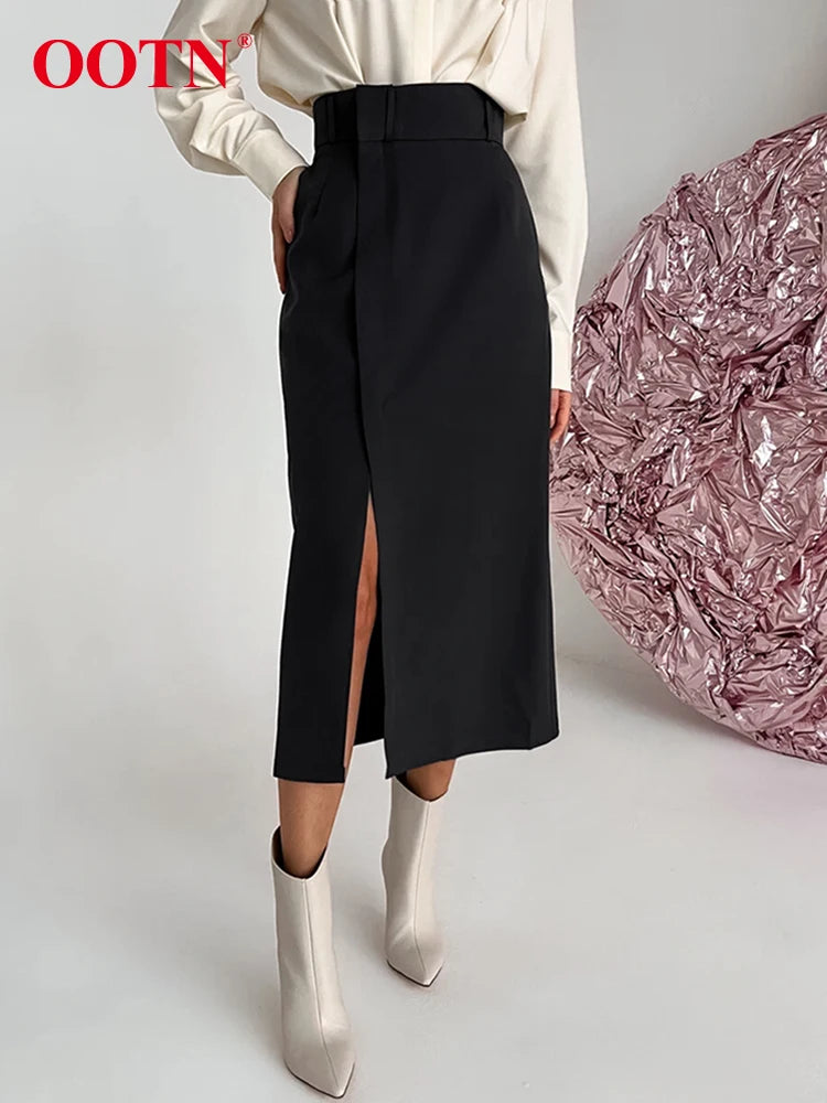 OOTN Street Gray Split Midi Skirts Women 2024 Fashion Casual Black High Waist Skirt Spring Elegant Long Straight Skirts Female