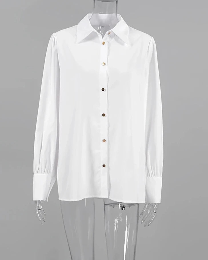 White Turn Down Collar Shirts Female Basics Long Sleeve Blouse Women 100% Polyester Casual Button Up Top