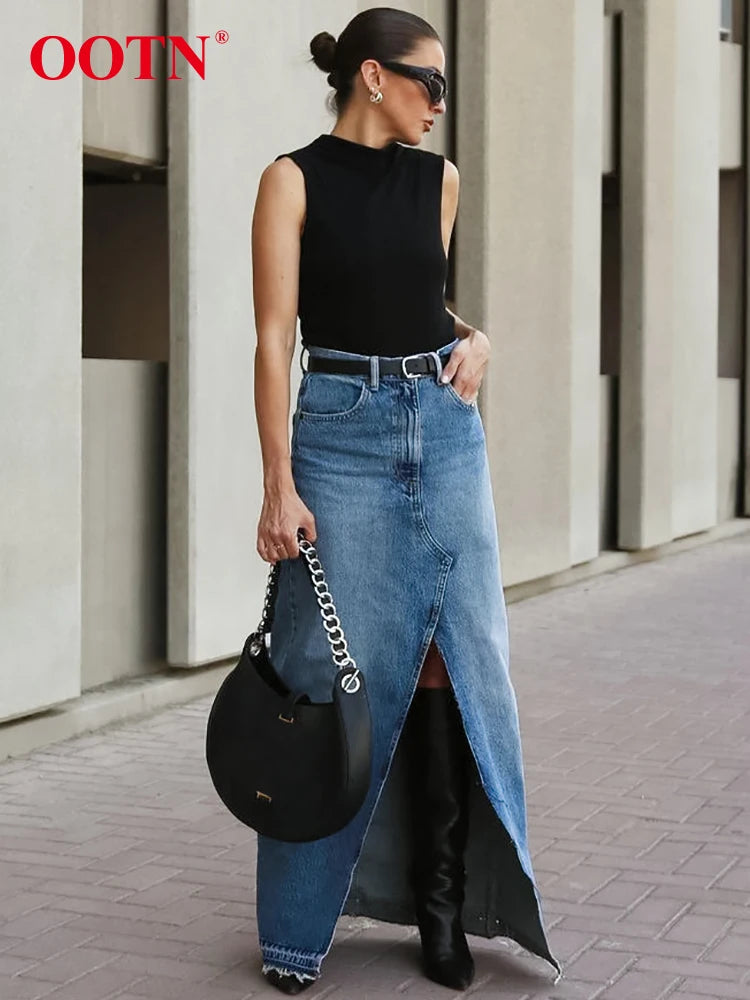 OOTN Streetwear Denim Blue High Waist Skirts Women Spring Fashion Casual Long A-Line Skirts Elegant Slim Split Skirt Female 2023