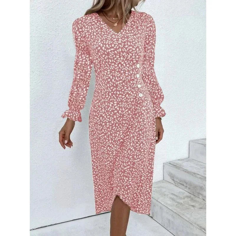 Elegant Floral Pleated H shaped Midi Dress Female V Neck Puff Sleeve