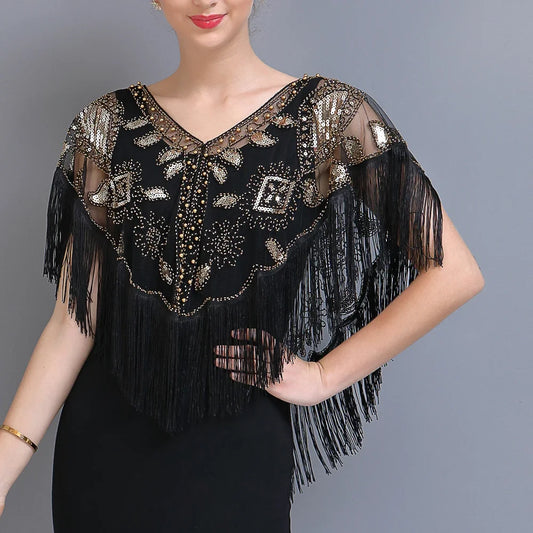 Sequined Shawl with Tassels Beaded Pearl Fringe Sheer