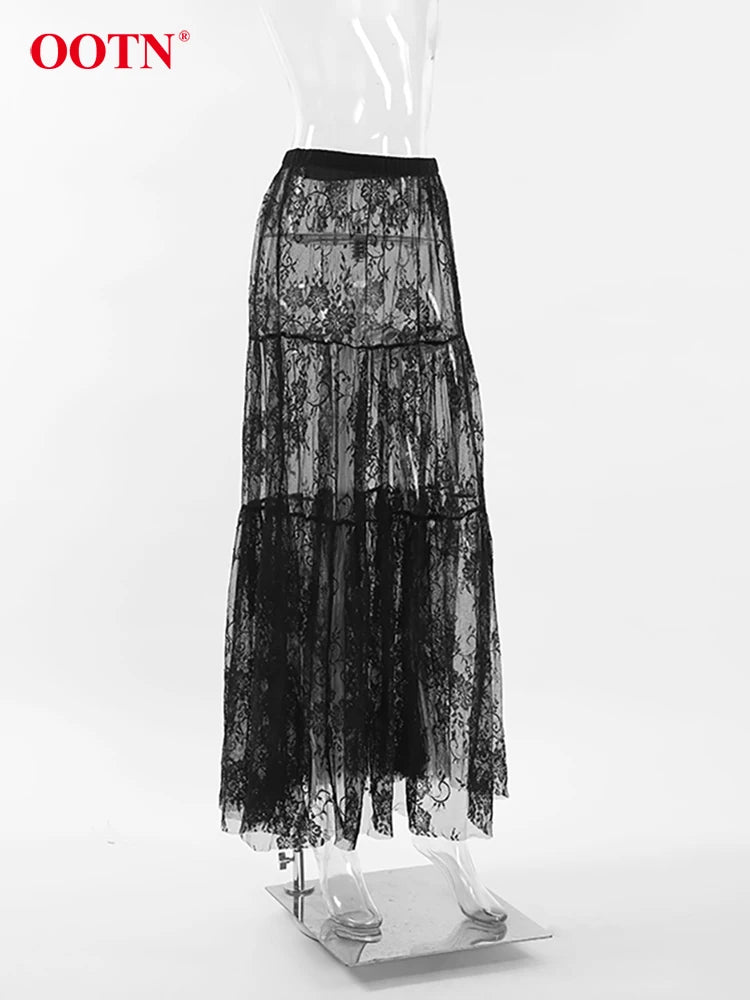 OOTN Sexy Lace A Line Long Skirts Elegant Embroidery High Waist Perspective Skirt Women Streetwear Hollow Out Ankle-Length Skirt