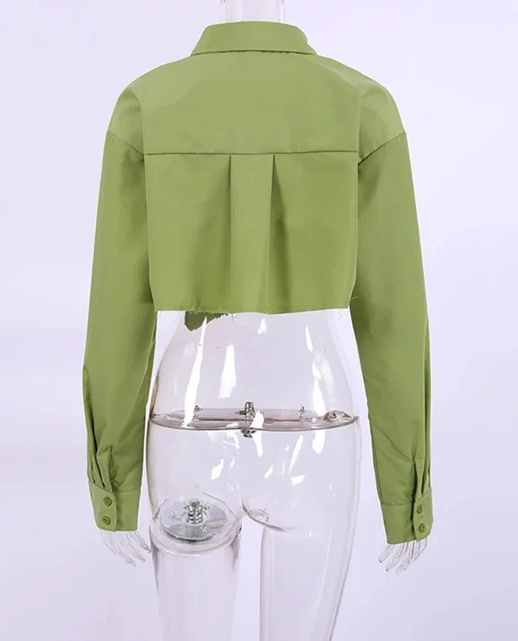 Green Crop Top Woman Blouse Spring