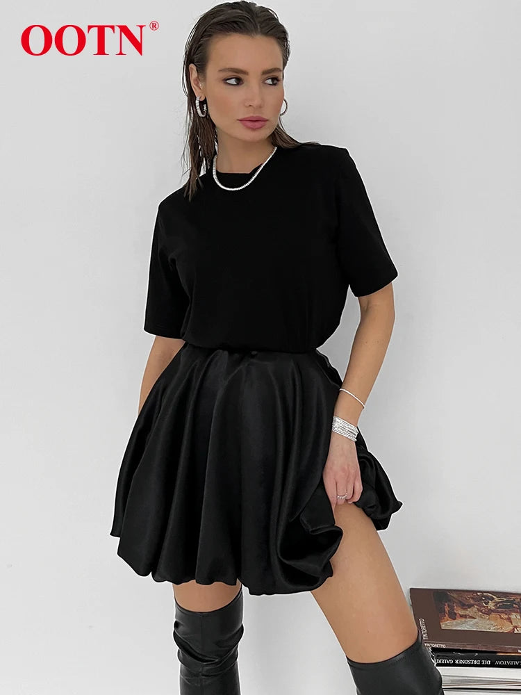 OOTN Street Chic Black A Line Skirts Female Sexy Satin High Waist Skirts Fashion Basics White Slim Mini Skirt Women 2023 Autumn