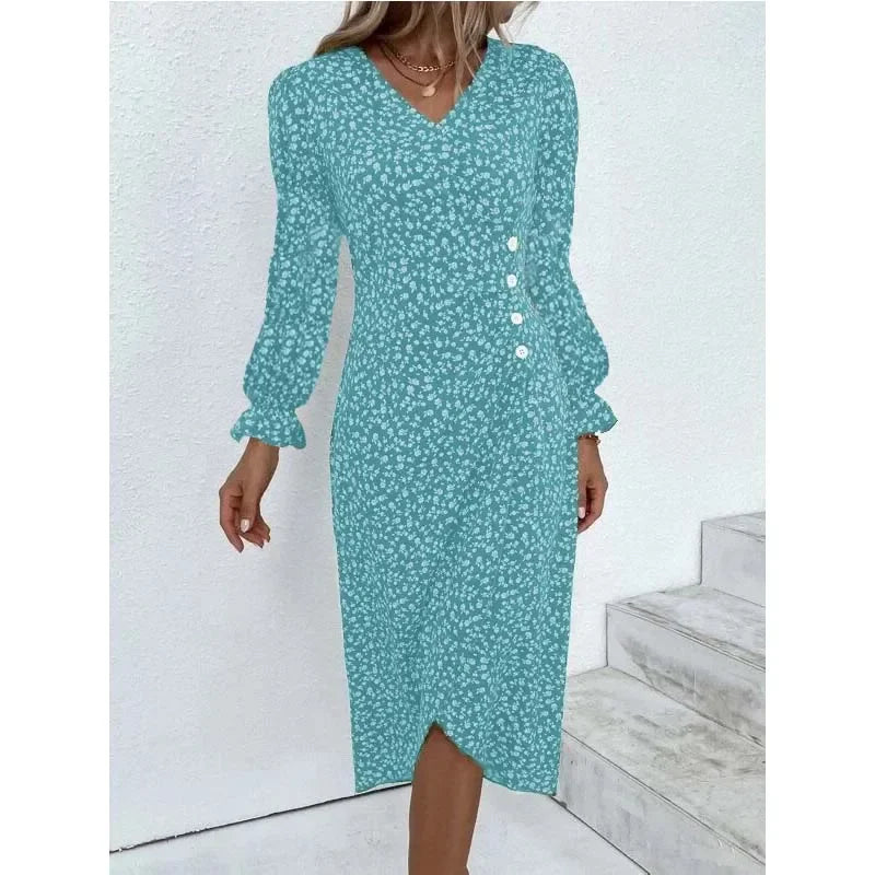 Elegant Floral Pleated H shaped Midi Dress Female V Neck Puff Sleeve