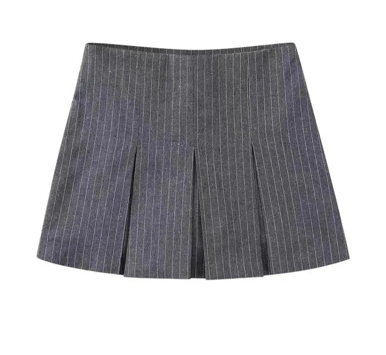 Grey Wide Pleated Mini Shorts Skirts High Street Stripe American Retro Solid Vintage Blogger