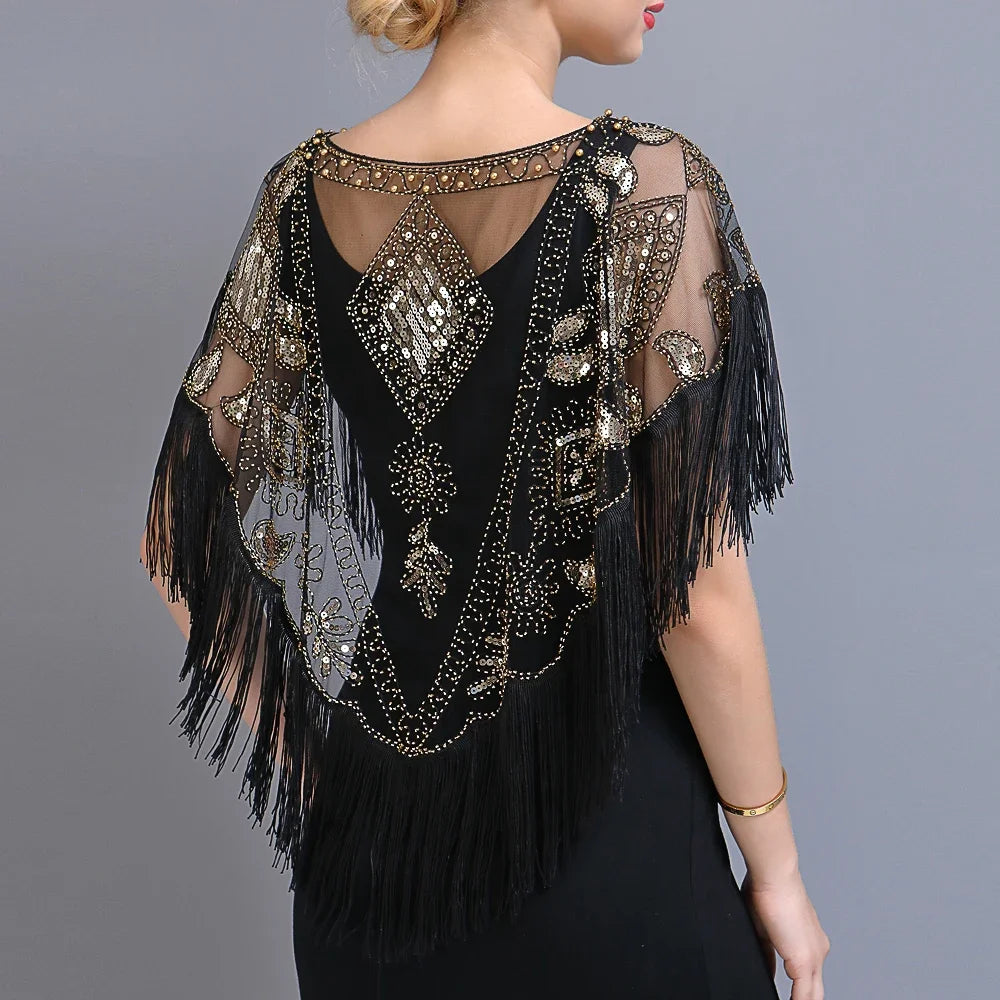 Sequined Shawl with Tassels Beaded Pearl Fringe Sheer