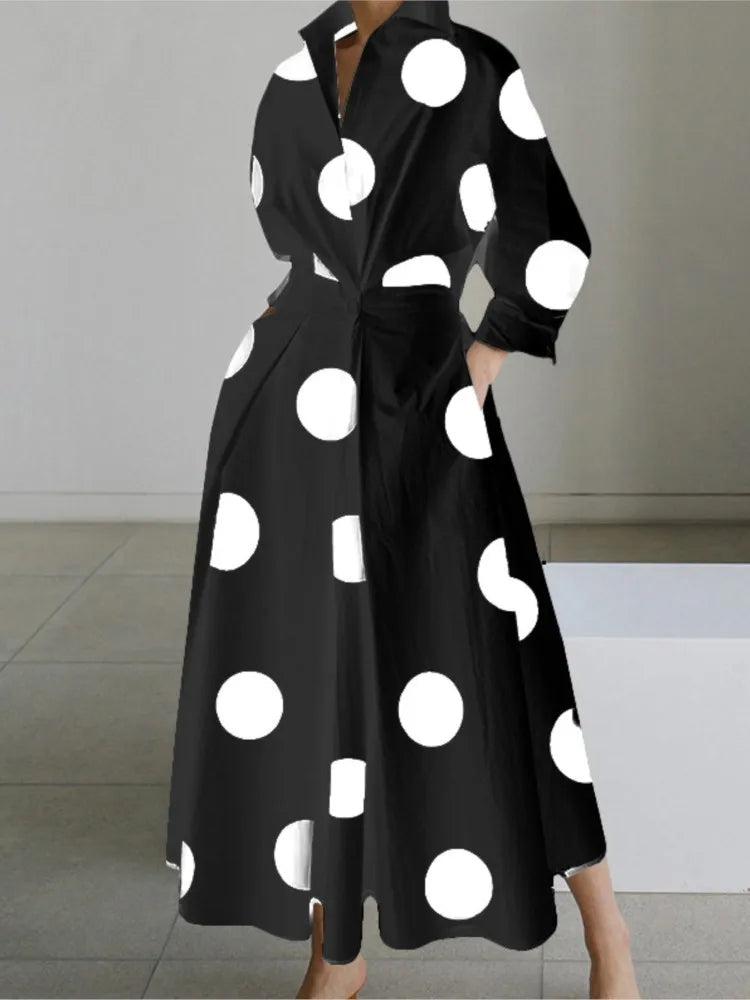 Autumn Dress Long Sleeve Dot Print Elegant Maxi Dresses