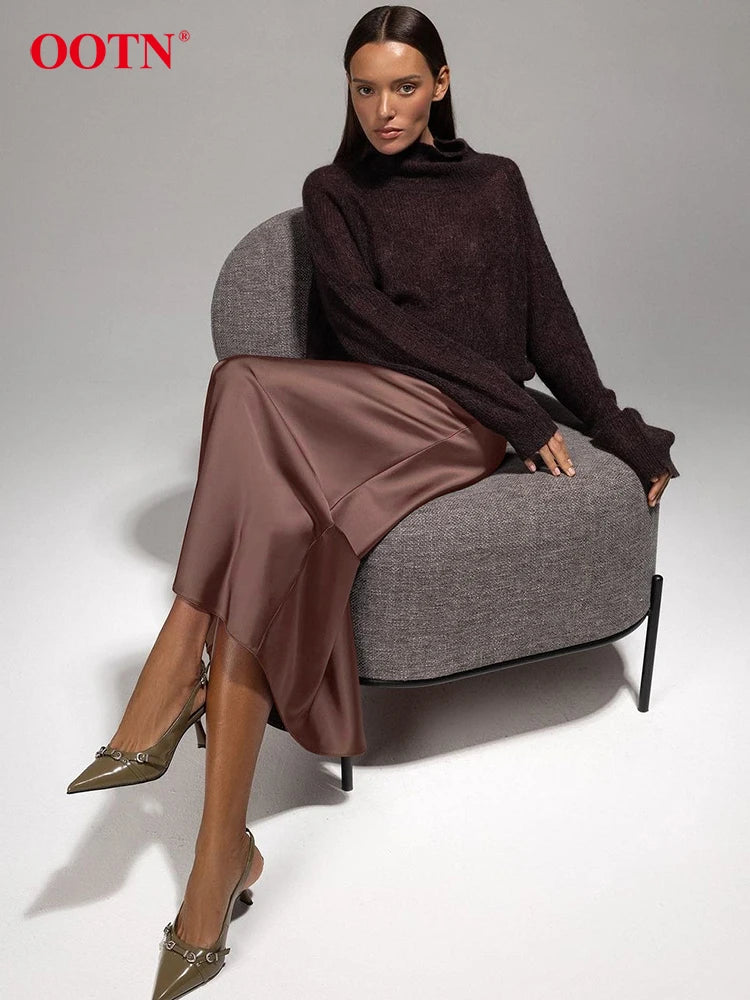 Brown Satin A Line Skirts Women Office Lady Silk Long Skirt Fashion Casual Ankle-Length