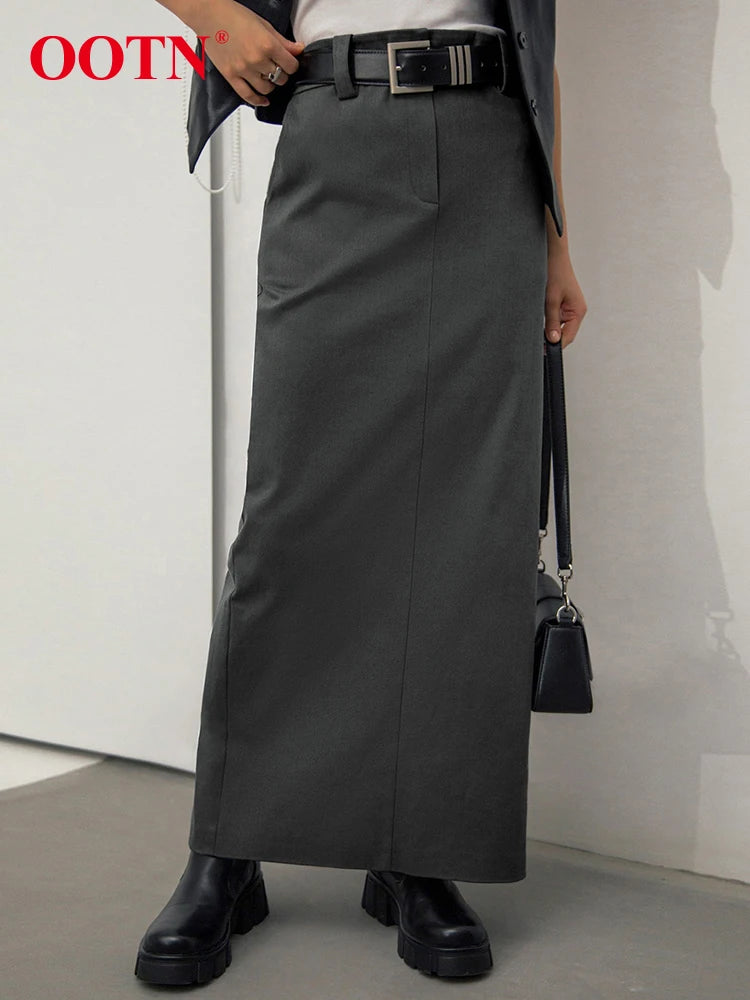 OOTN Street Chic Brown Split Skirts Elegant Autumn High Waist Long Skirts Women Gray Zipper Straight Skirt Women 2024 Twill