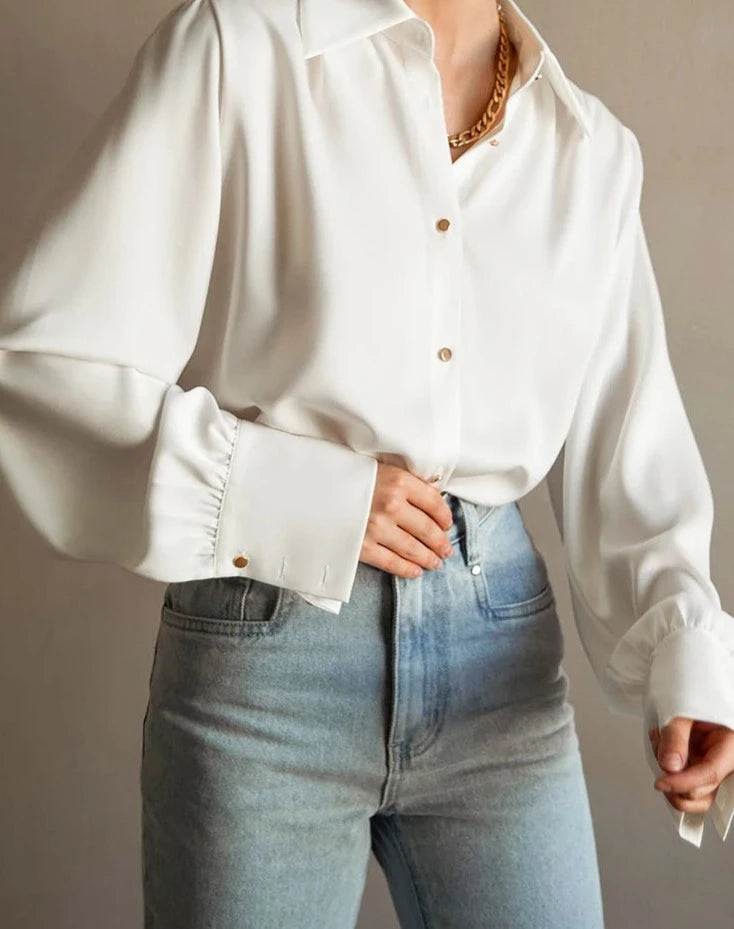 White Turn Down Collar Shirts Female Basics Long Sleeve Blouse Women 100% Polyester Casual Button Up Top