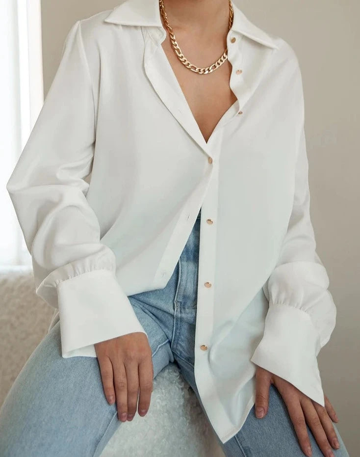 White Turn Down Collar Shirts Female Basics Long Sleeve Blouse Women 100% Polyester Casual Button Up Top