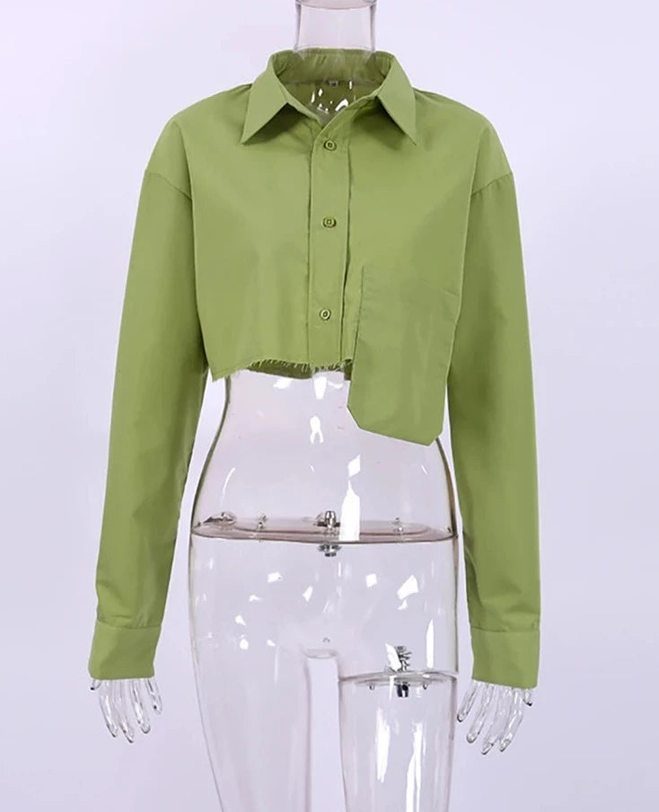 Green Crop Top Woman Blouse Spring