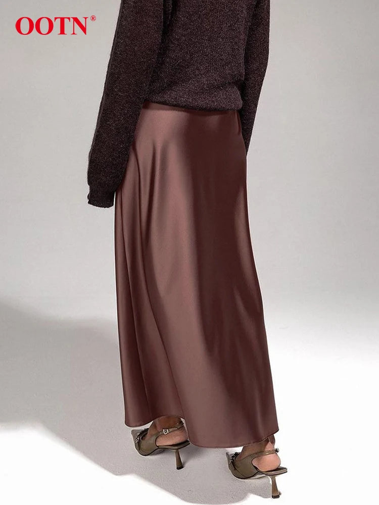 Brown Satin A Line Skirts Women Office Lady Silk Long Skirt Fashion Casual Ankle-Length