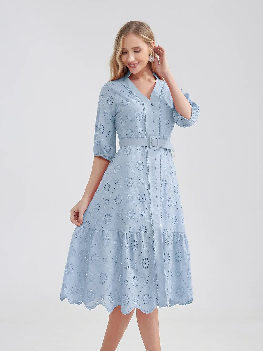 Cotton Hollow Out Summer Dress Women Holiday Perppy Casual High Waist Ruffled Mini V-Neck Dresses A-line Frills Vestido