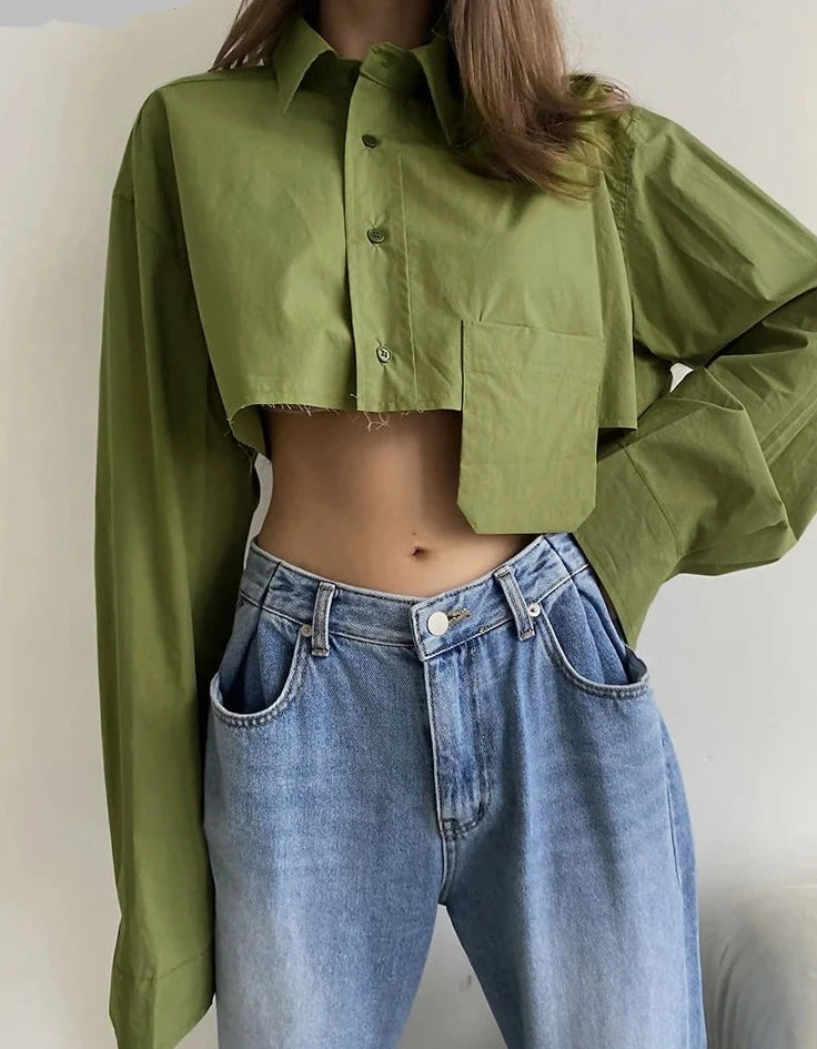 Green Crop Top Woman Blouse Spring