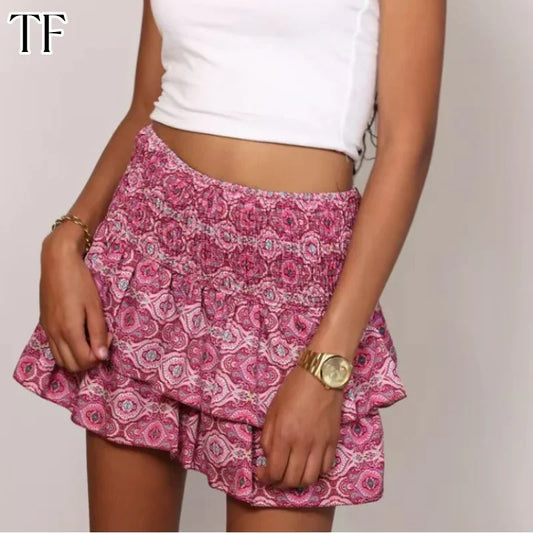 Summer Floral Pleated Skirt Womens Vintage Ruffle Print Pink Skirt Fashion Y2k Short Skirts Leisure Vacation Bohemian Miniskirt