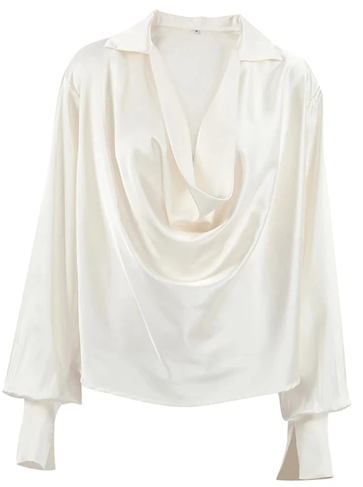 White Pile Collar Shirts Female Office Satin Lantern Sleeve Woman Blouse Fall Street 100% Polyester