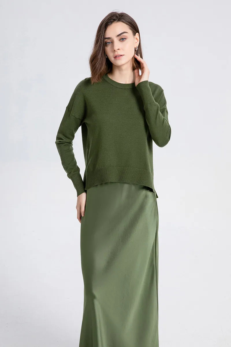 Loose style knitting top and high quality luxury acetate satin skirt