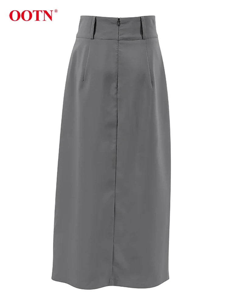 OOTN Street Gray Split Midi Skirts Women 2024 Fashion Casual Black High Waist Skirt Spring Elegant Long Straight Skirts Female