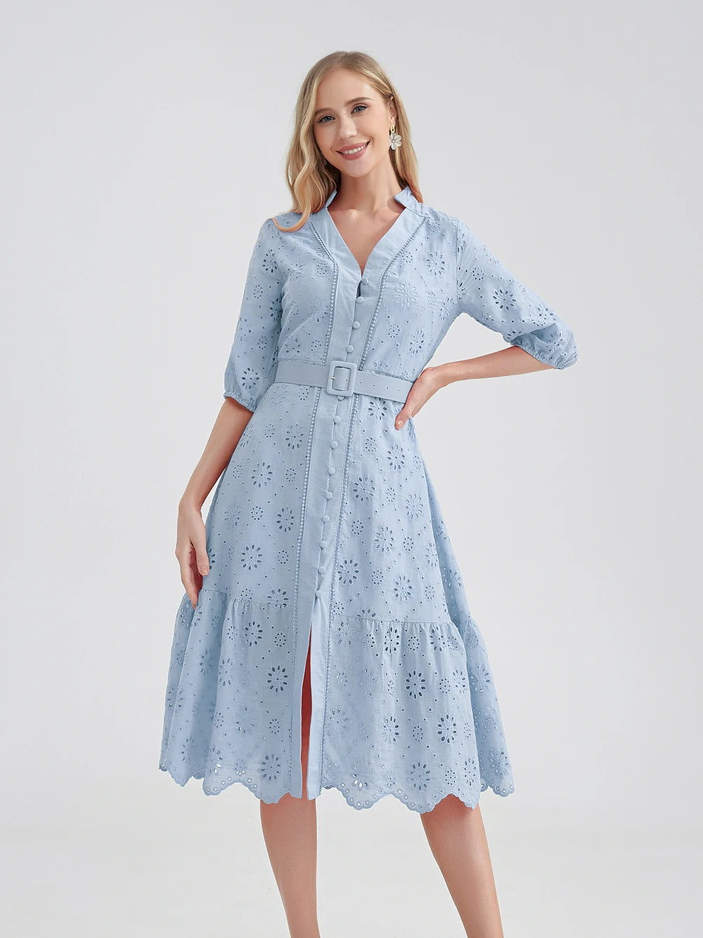 Cotton Hollow Out Summer Dress Women Holiday Perppy Casual High Waist Ruffled Mini V-Neck Dresses A-line Frills Vestido