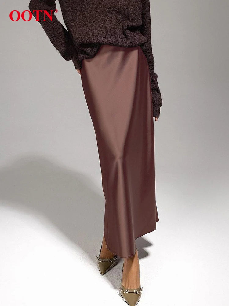 Brown Satin A Line Skirts Women Office Lady Silk Long Skirt Fashion Casual Ankle-Length