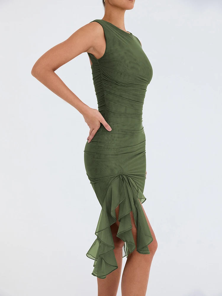 Elegant Ruffle Ruched Midi Dress Backless Sleeveless Club Party Sexy Dress