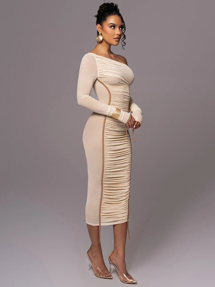 Diagonal Collar Long Sleeve Midi Dress For Women Two Layer Mesh Backless