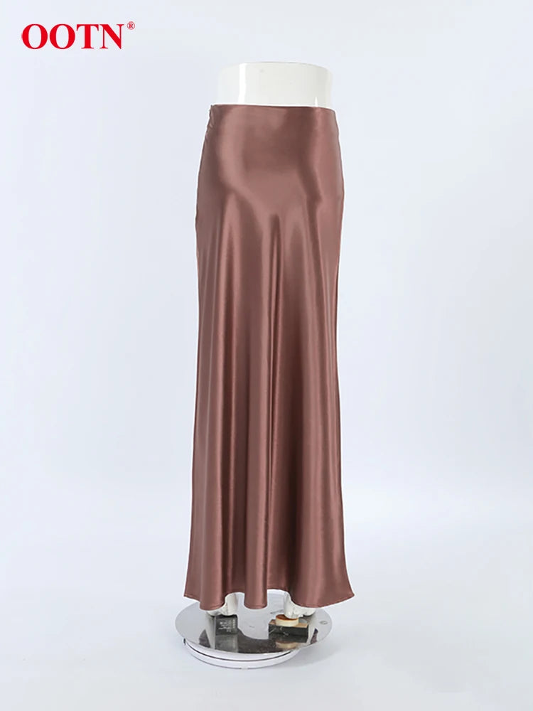 Brown Satin A Line Skirts Women Office Lady Silk Long Skirt Fashion Casual Ankle-Length