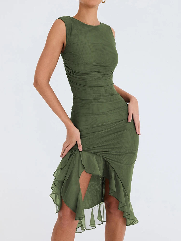 Elegant Ruffle Ruched Midi Dress Backless Sleeveless Club Party Sexy Dress